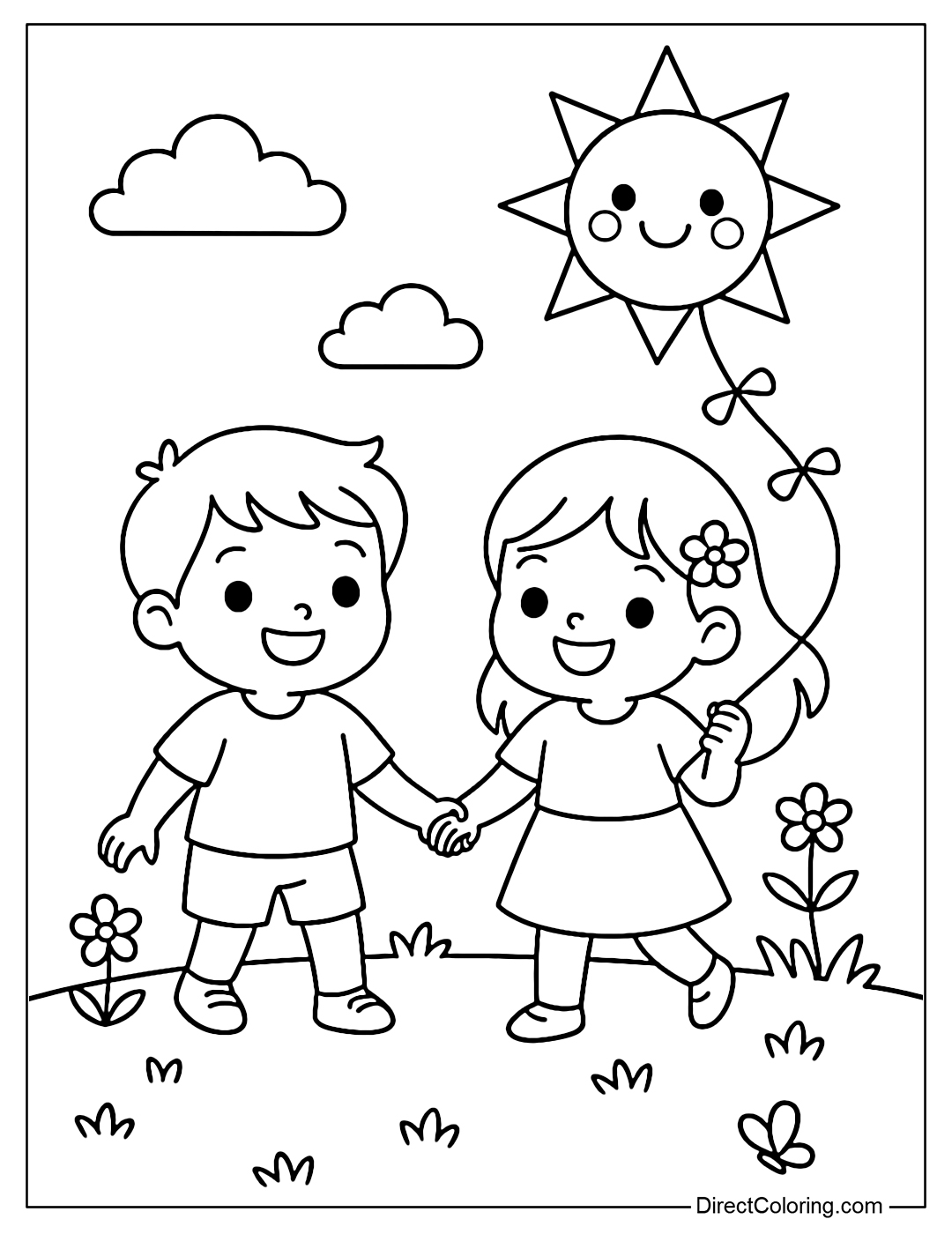 A coloring page of two kids holding hands flying a sun-shaped kite, surrounded by flowers and clouds.